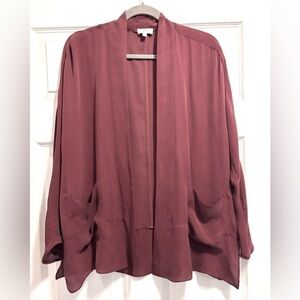 Aritzia Wilfred 100% Silk Cardigan Open Front Drapey Semi Sheer Burgundy Size XS